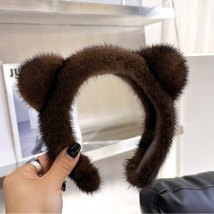 Cute Real Mink faux Cat Ears Headband For Women 100%faux Plush Hair Accessories Solid Head Wraps Luxury Girlfriend Gift Image 4