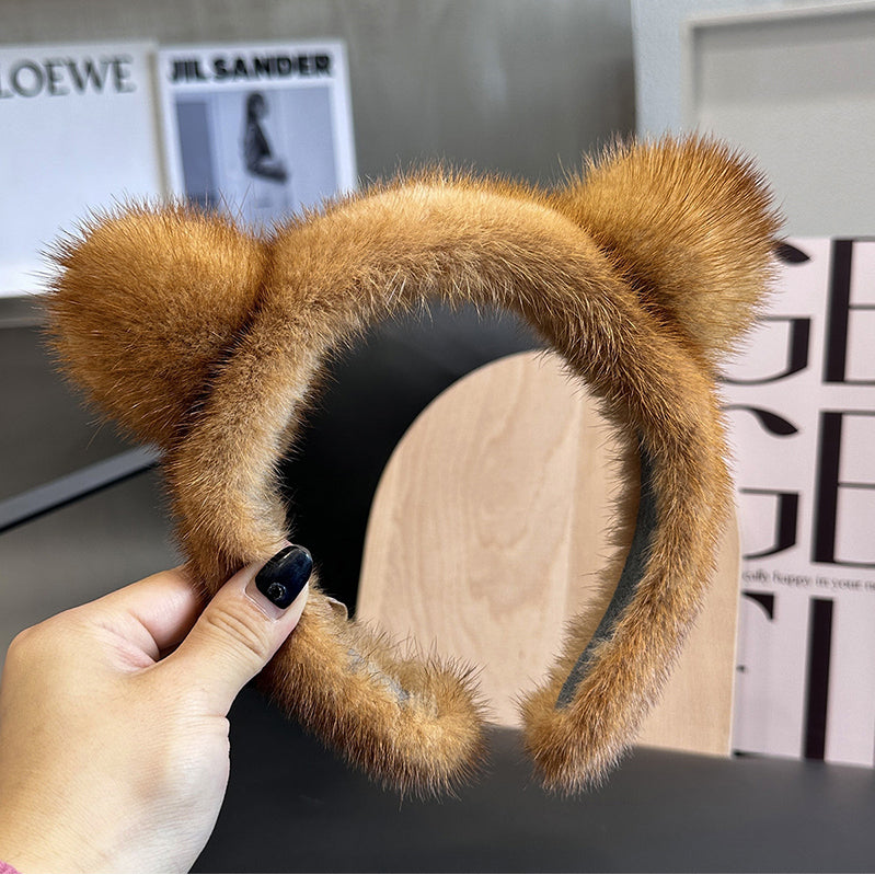 Cute Real Mink faux Cat Ears Headband For Women 100%faux Plush Hair Accessories Solid Head Wraps Luxury Girlfriend Gift Image 6