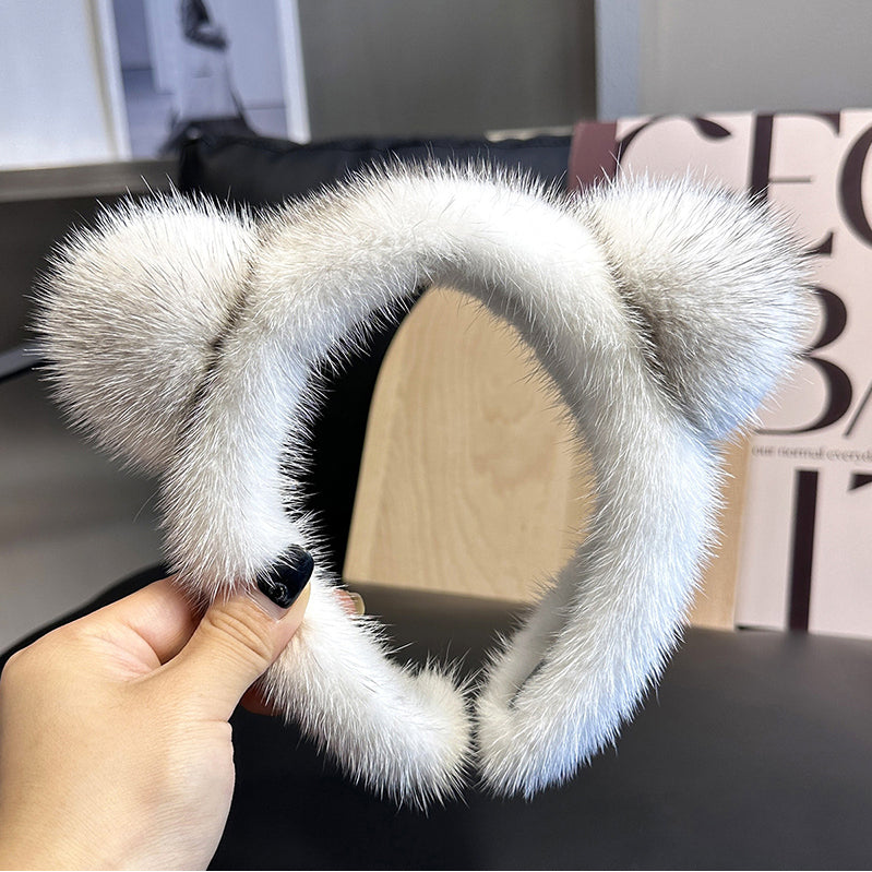 Cute Real Mink faux Cat Ears Headband For Women 100%faux Plush Hair Accessories Solid Head Wraps Luxury Girlfriend Gift Image 7