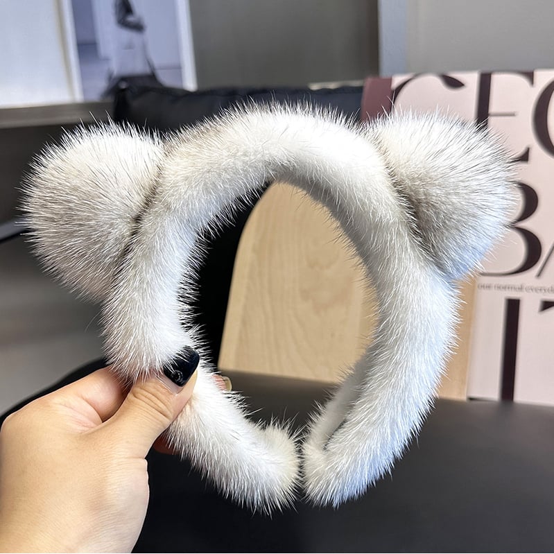 Cute Real Mink faux Cat Ears Headband For Women 100%faux Plush Hair Accessories Solid Head Wraps Luxury Girlfriend Gift Image 1