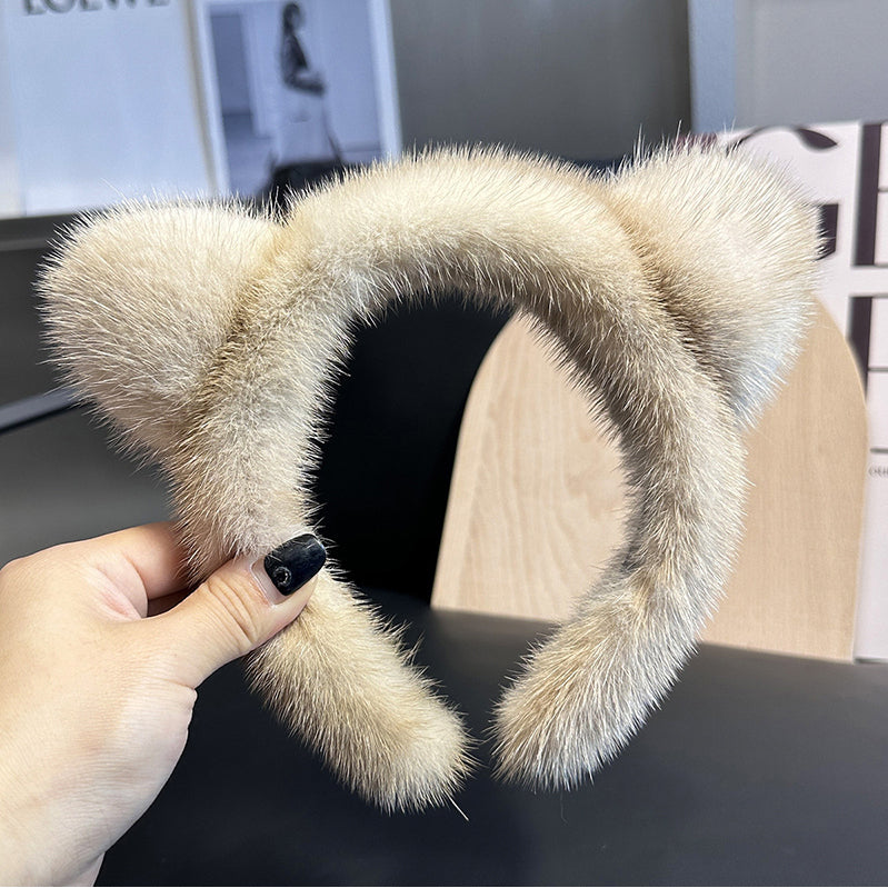 Cute Real Mink faux Cat Ears Headband For Women 100%faux Plush Hair Accessories Solid Head Wraps Luxury Girlfriend Gift Image 8