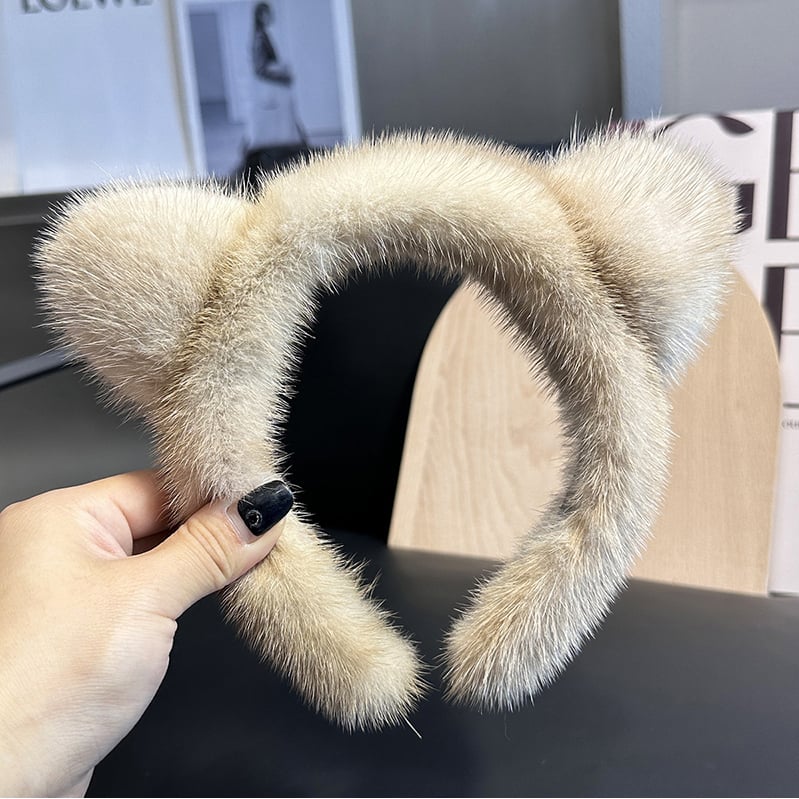 Cute Real Mink faux Cat Ears Headband For Women 100%faux Plush Hair Accessories Solid Head Wraps Luxury Girlfriend Gift Image 1