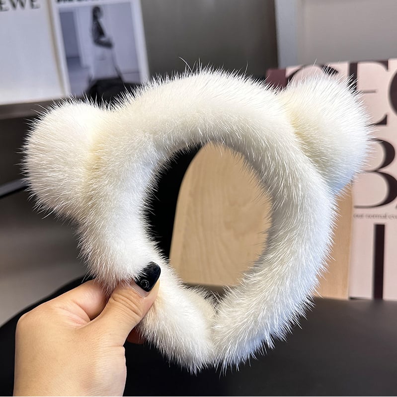 Cute Real Mink faux Cat Ears Headband For Women 100%faux Plush Hair Accessories Solid Head Wraps Luxury Girlfriend Gift Image 1