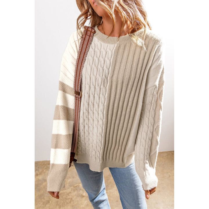 Cable Knit Color Block Crew Neck Sweater Image 1