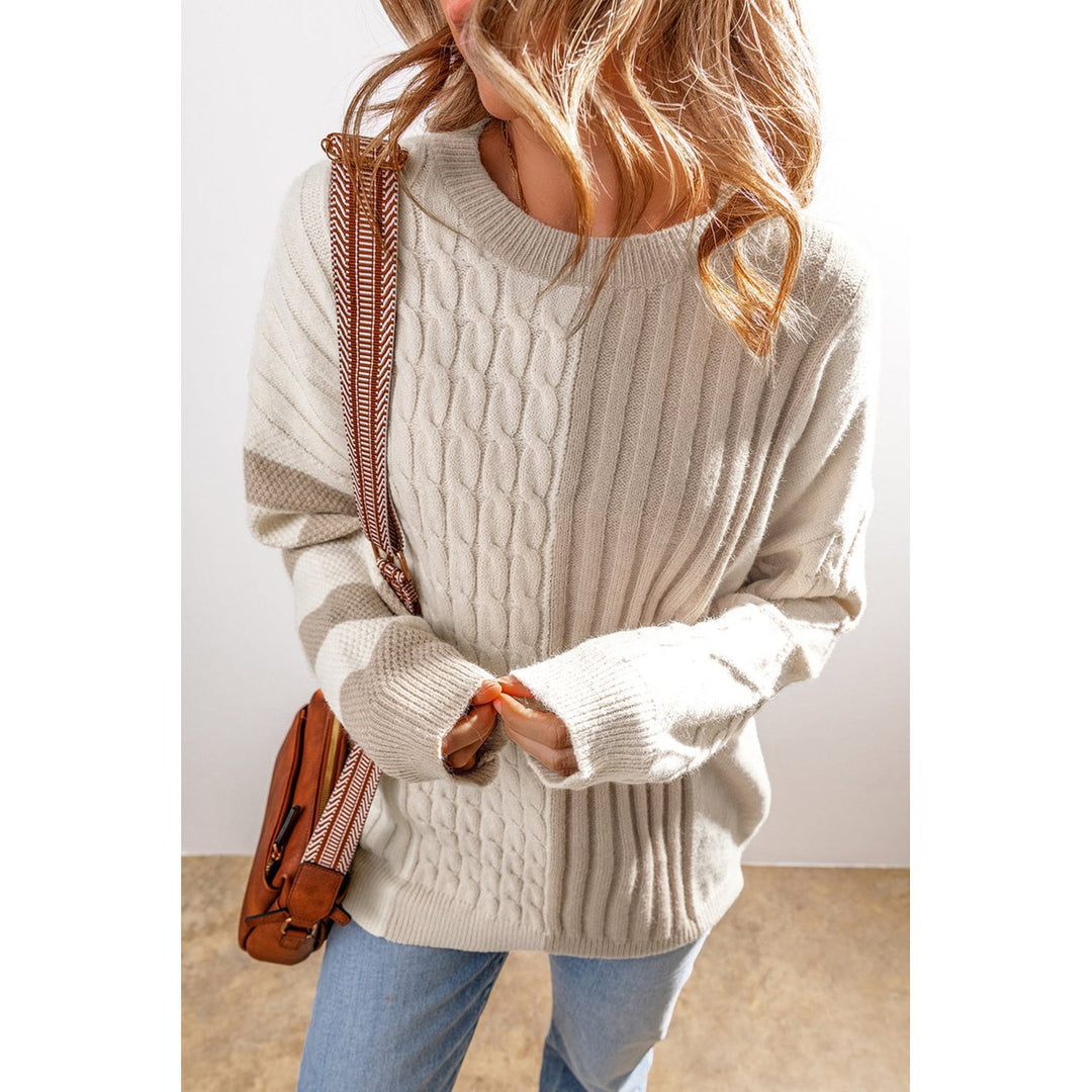 Cable Knit Color Block Crew Neck Sweater Image 4