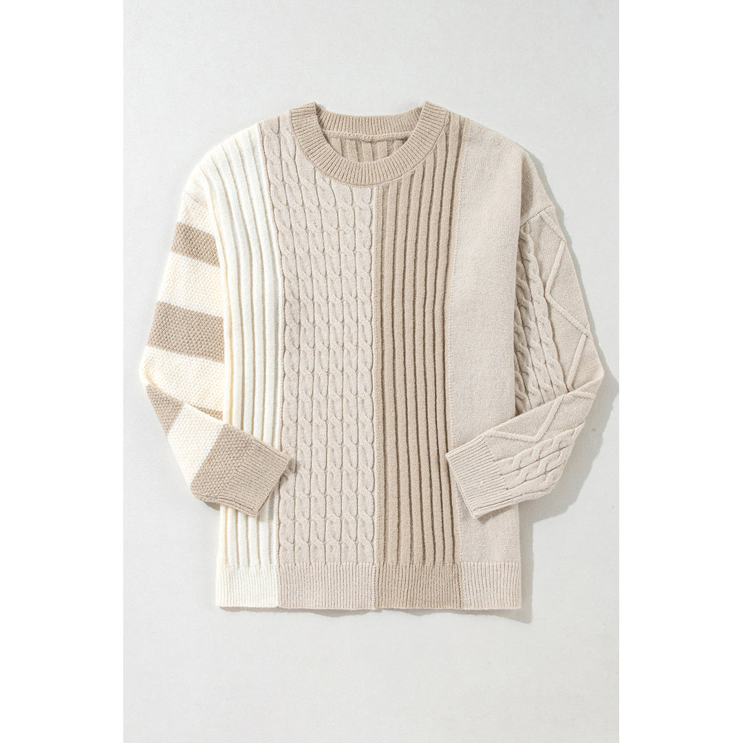 Cable Knit Color Block Crew Neck Sweater Image 4