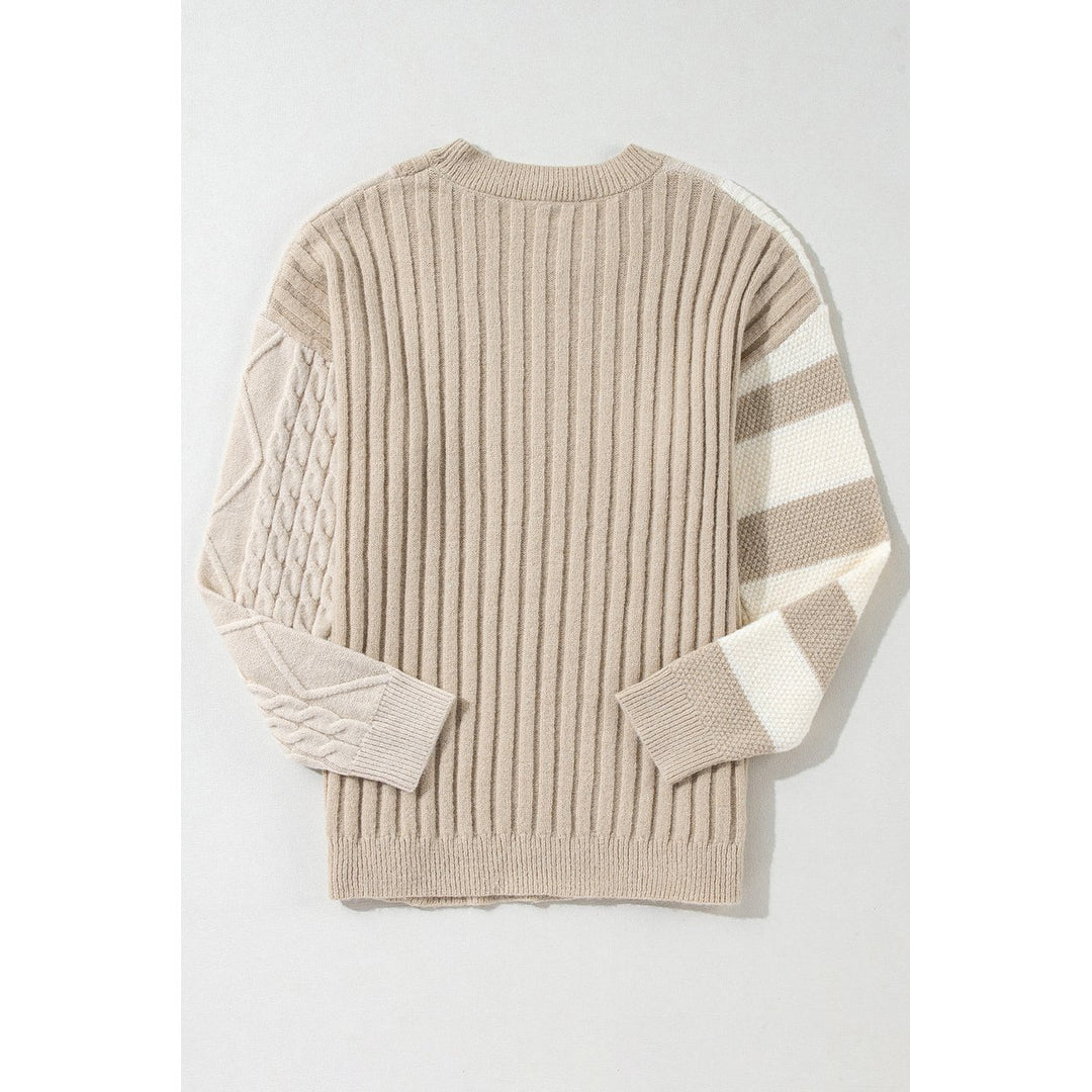 Cable Knit Color Block Crew Neck Sweater Image 6