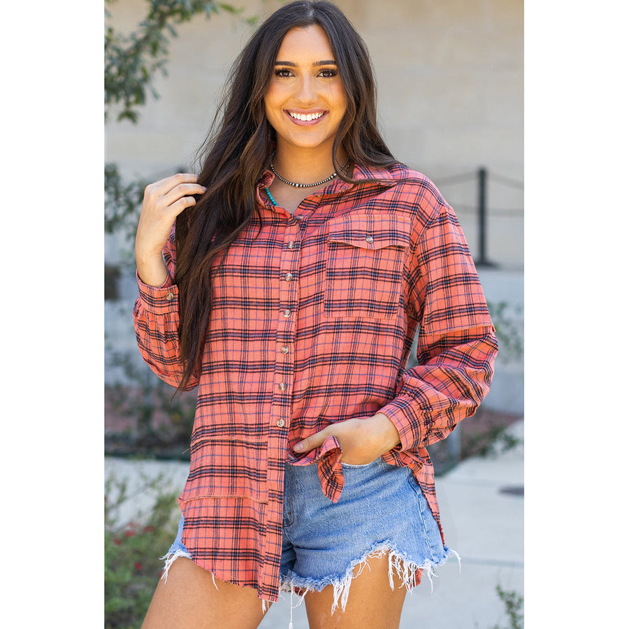 Plaid Long Sleeve Side Split Distressed Shirt Image 1