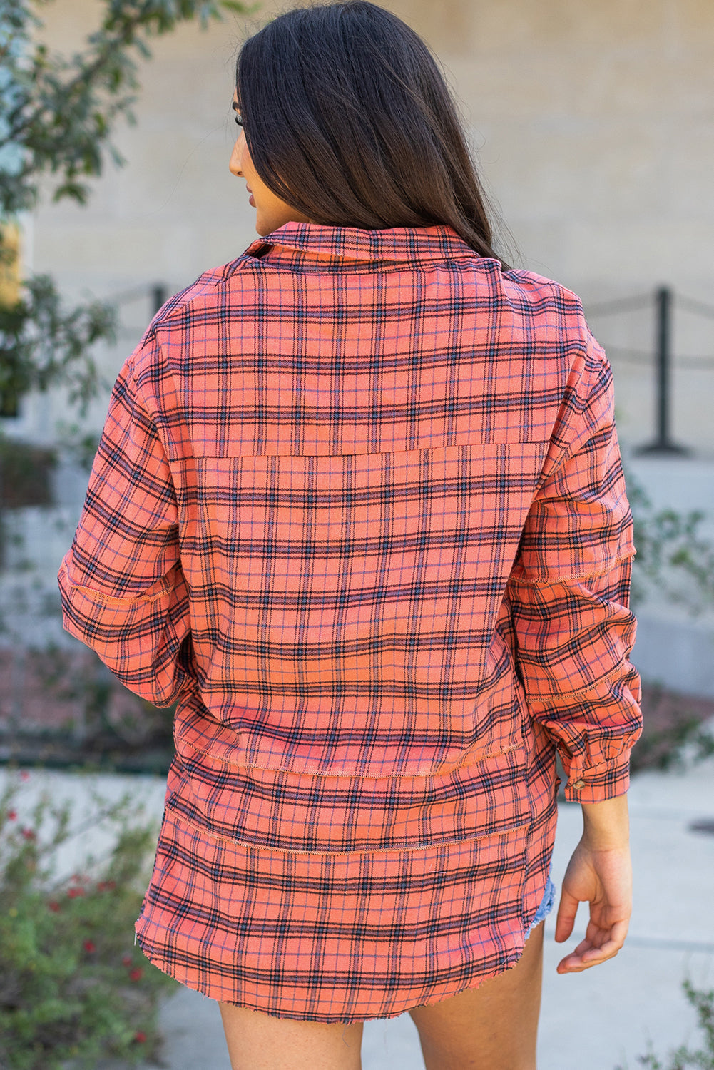 Plaid Long Sleeve Side Split Distressed Shirt Image 3