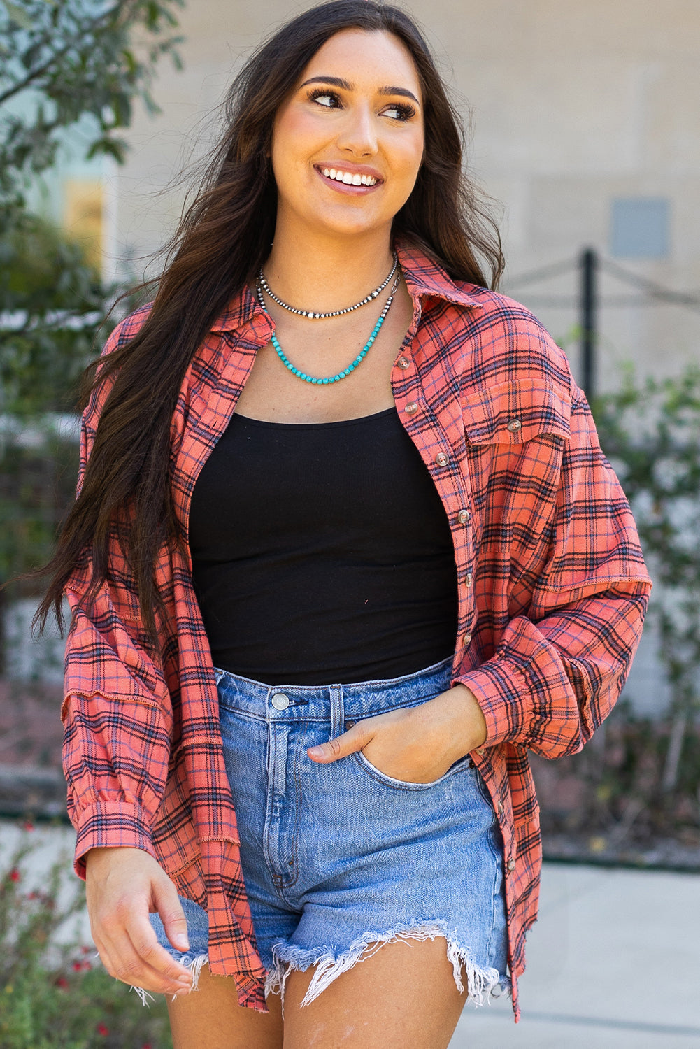 Plaid Long Sleeve Side Split Distressed Shirt Image 9