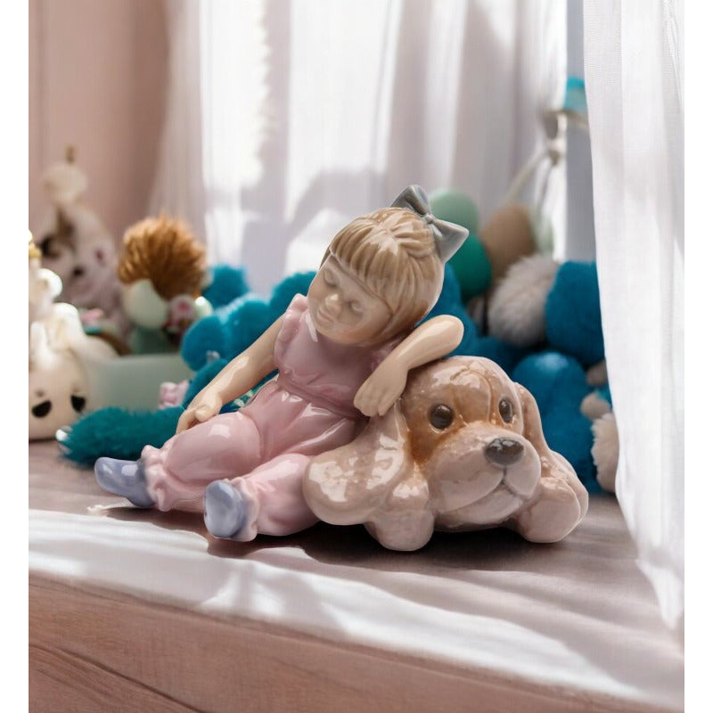 Ceramic Little Girl Sleeping on Dog Figurine  Kids Room Decor Image 1