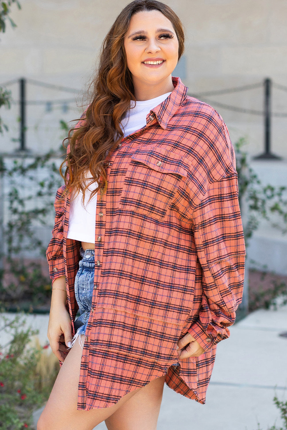 Plaid Long Sleeve Side Split Distressed Shirt Image 11