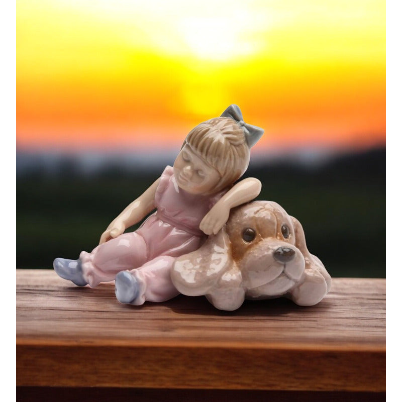 Ceramic Little Girl Sleeping on Dog Figurine  Kids Room Decor Image 2