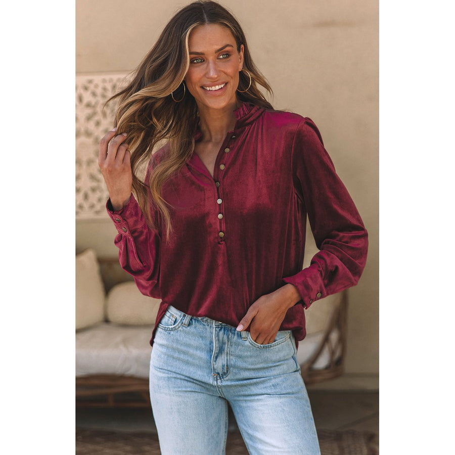 Gwynn Frilled Neck Buttoned Front Velvet Top Image 1