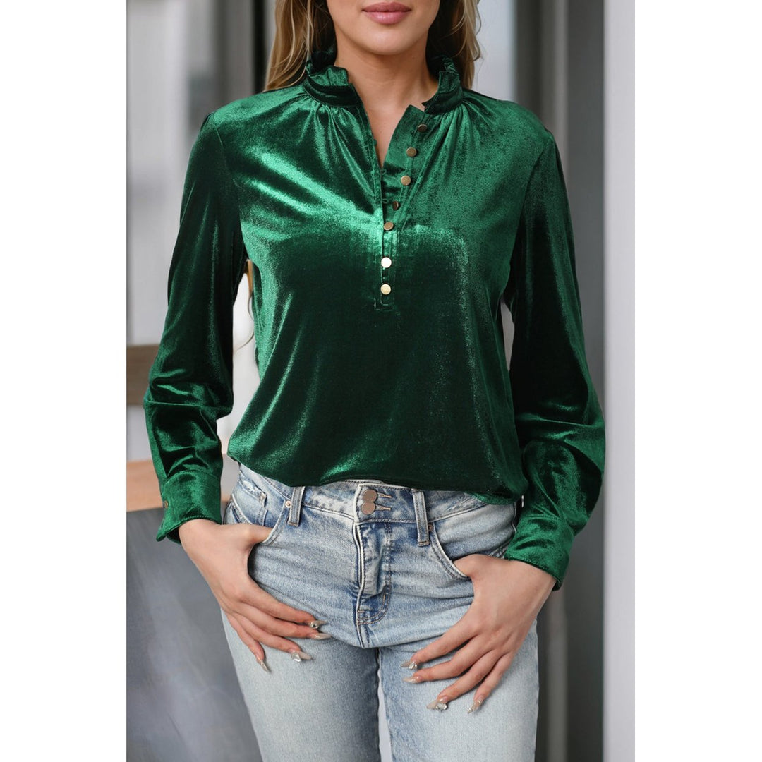 Gwynn Frilled Neck Buttoned Front Velvet Top Image 3