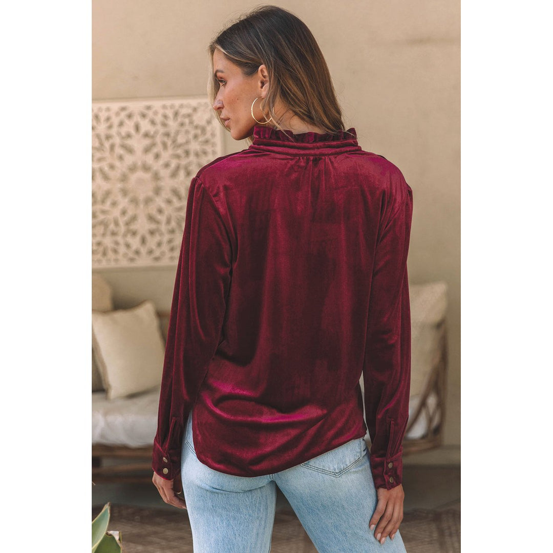 Gwynn Frilled Neck Buttoned Front Velvet Top Image 6