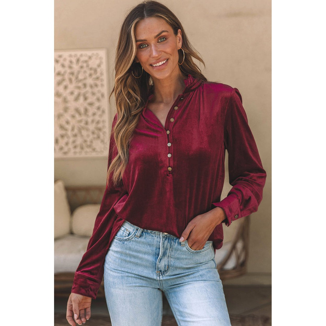 Gwynn Frilled Neck Buttoned Front Velvet Top Image 8