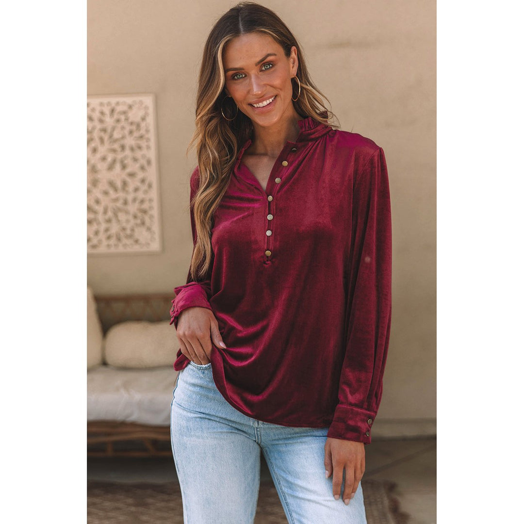 Gwynn Frilled Neck Buttoned Front Velvet Top Image 9