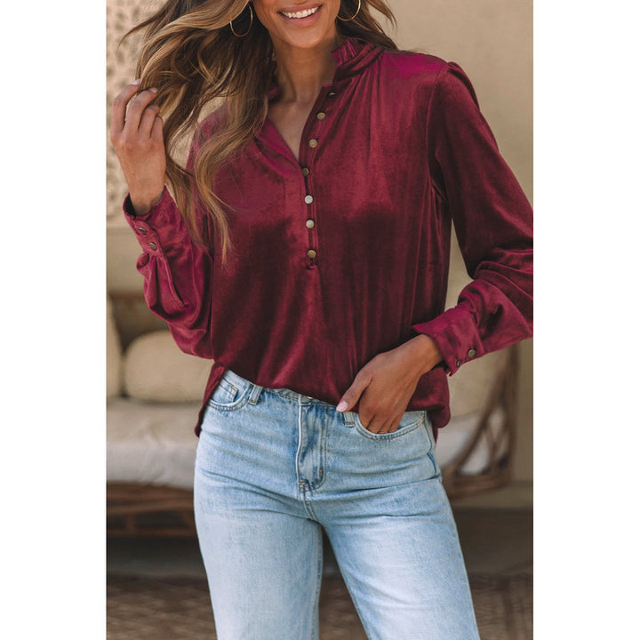 Gwynn Frilled Neck Buttoned Front Velvet Top Image 10