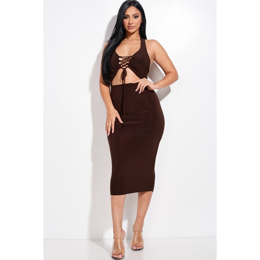 Solid Halter Neck Midi Dress With Criss Cross Front And Cutout Image 1