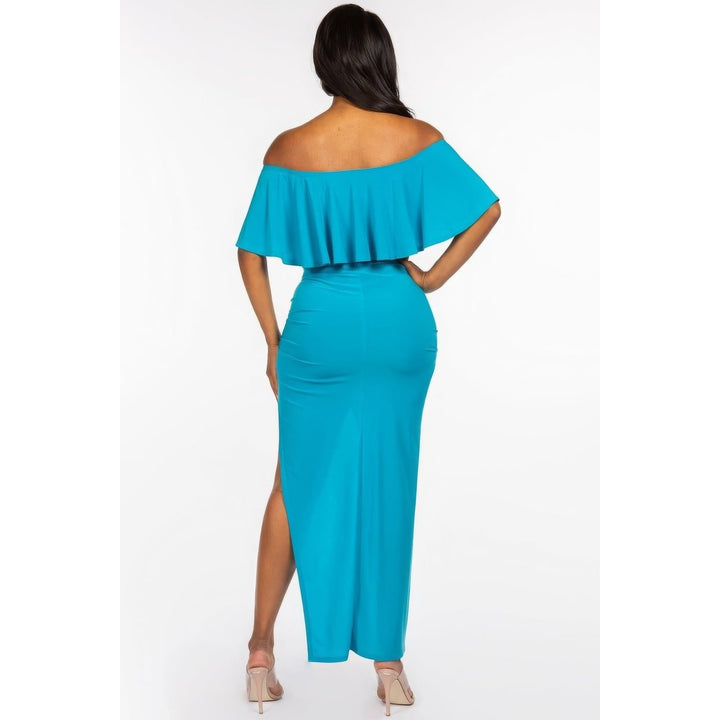 Solid Ity Off The Shoulder Ruffled Cropped Top And Ruched Maxi Skirt Two Piece Set Image 3