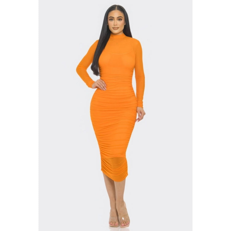 Solid Mesh Ruched Midi Dress Image 1