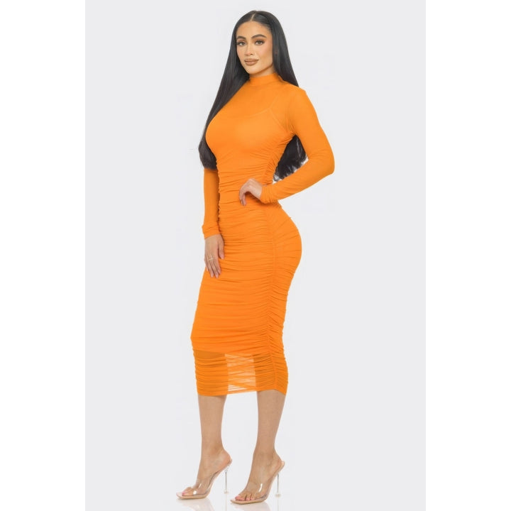 Solid Mesh Ruched Midi Dress Image 2