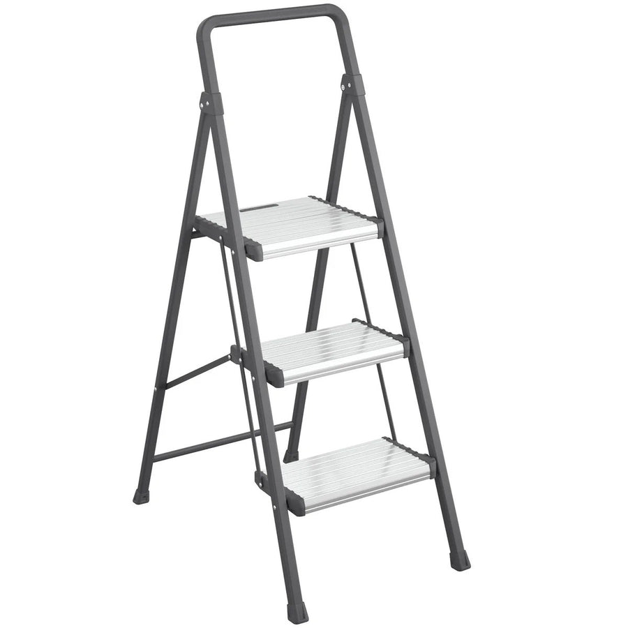 Cosco Euro 3-Step Folding Step Stool Steel Frame with Aluminum Steps Gray Image 1