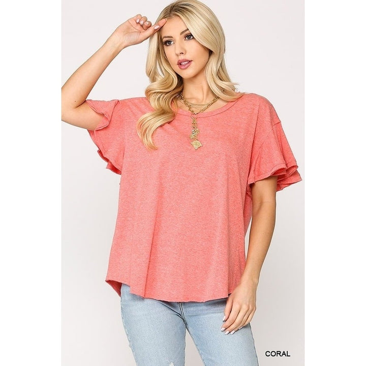 Solid Round Neck Frill Sleeve Top With Scoop Hem Image 1