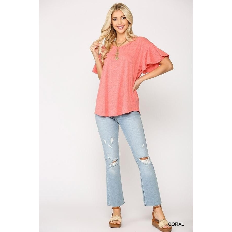 Solid Round Neck Frill Sleeve Top With Scoop Hem Image 2