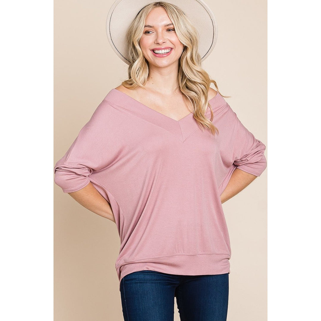 Solid Rib Modal Casual 3/4 Sleeves Dolman Sleeves Top Image 1