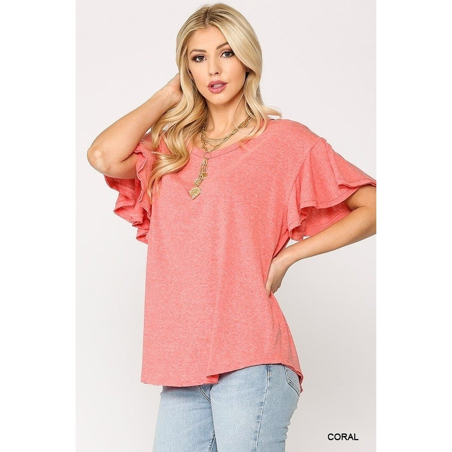 Solid Round Neck Frill Sleeve Top With Scoop Hem Image 3