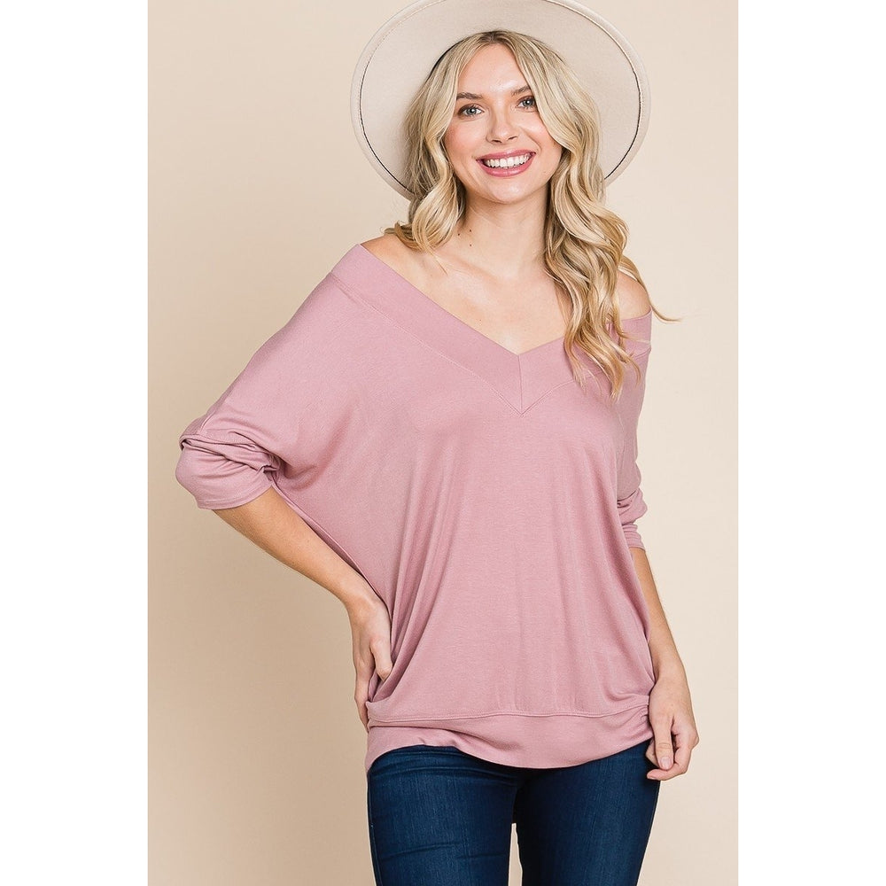 Solid Rib Modal Casual 3/4 Sleeves Dolman Sleeves Top Image 2