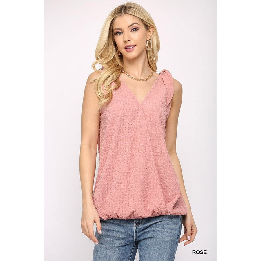 Solid Textured And Sleeveless Surplice Top With Shoulder Tie Image 1