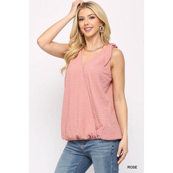 Solid Textured And Sleeveless Surplice Top With Shoulder Tie Image 3