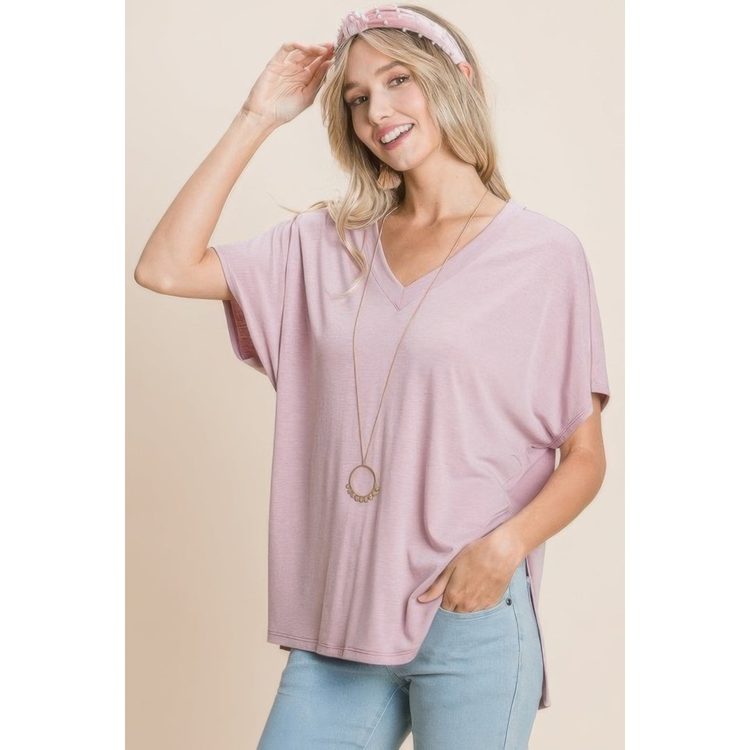 Solid V Neck Casual And Basic Top With Short Dolman Sleeves And Side Slit Hem Image 1