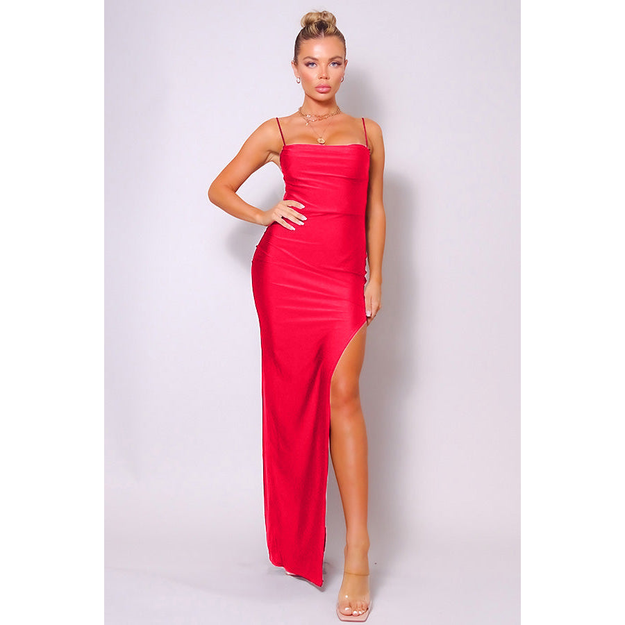 Spaghetti Strap Pleated Bust Front Slit Maxi Dress Image 1