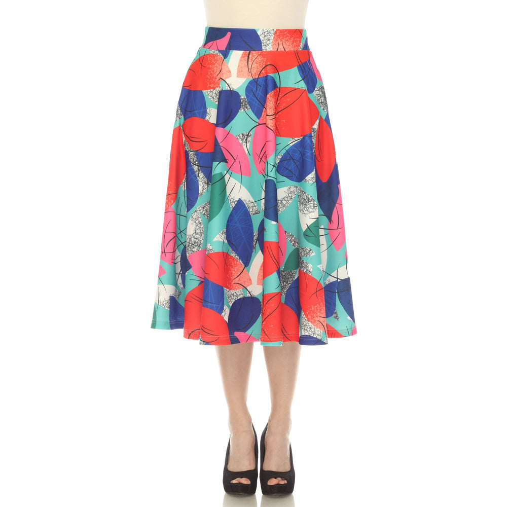 White Mark Womens Leaf Print Vintage Flared Midi Skirt Image 2