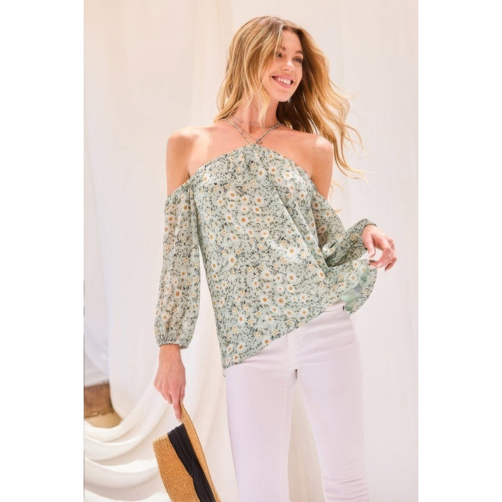 Strap Halter Neck Balloon Sleeve Floral Print Top Image 1