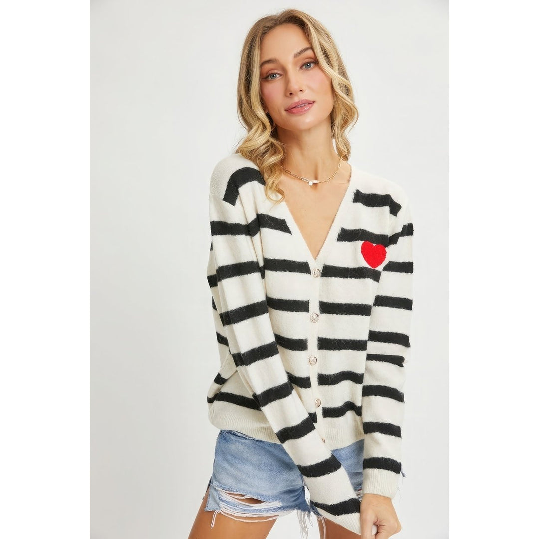 Striped Cardigan With Heart Patch Image 3