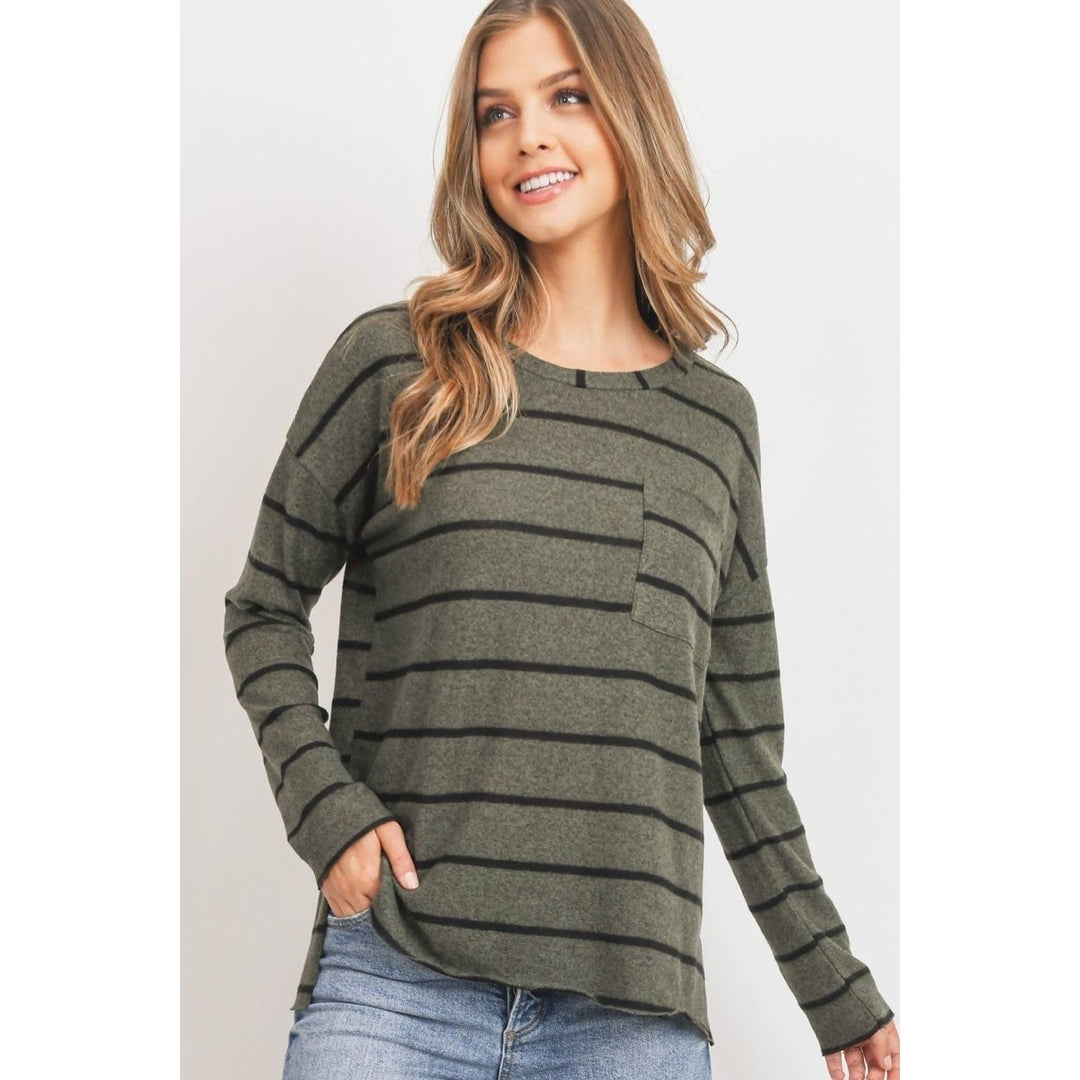 Striped Front Pocket Round Collar Image 1