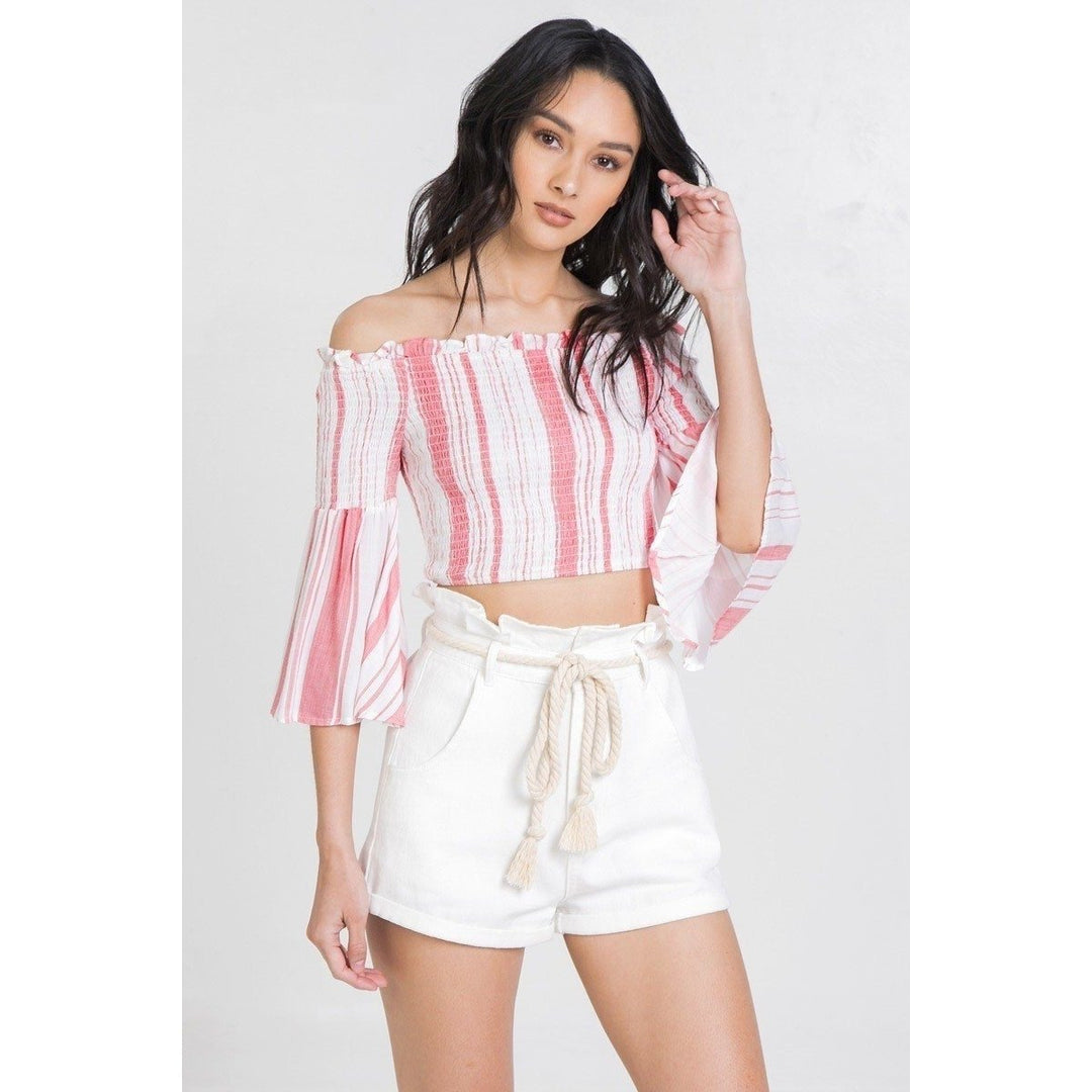 Striped Off-the-shoulder Gauze Crop Top Image 1