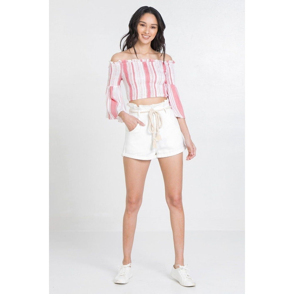 Striped Off-the-shoulder Gauze Crop Top Image 2