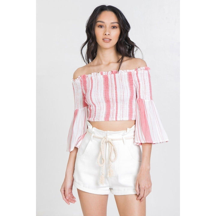 Striped Off-the-shoulder Gauze Crop Top Image 3