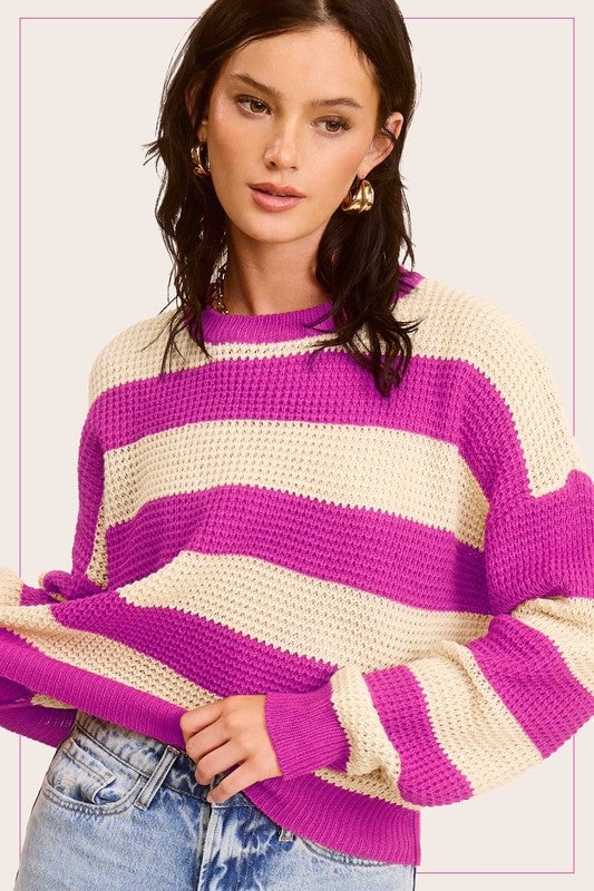 Striped Round Neck Loose Fit Sweater Image 1