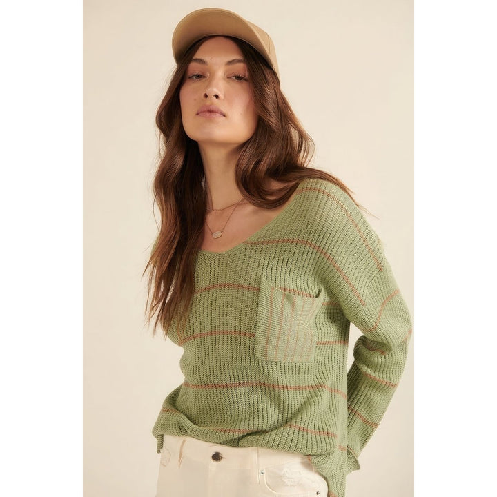 Striped Rib-knit Oversized Pocket Sweater Image 1