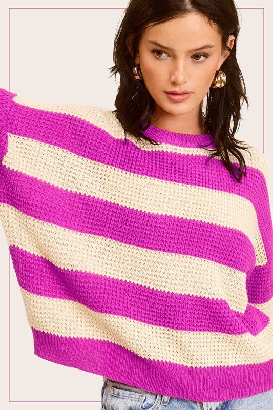 Striped Round Neck Loose Fit Sweater Image 2