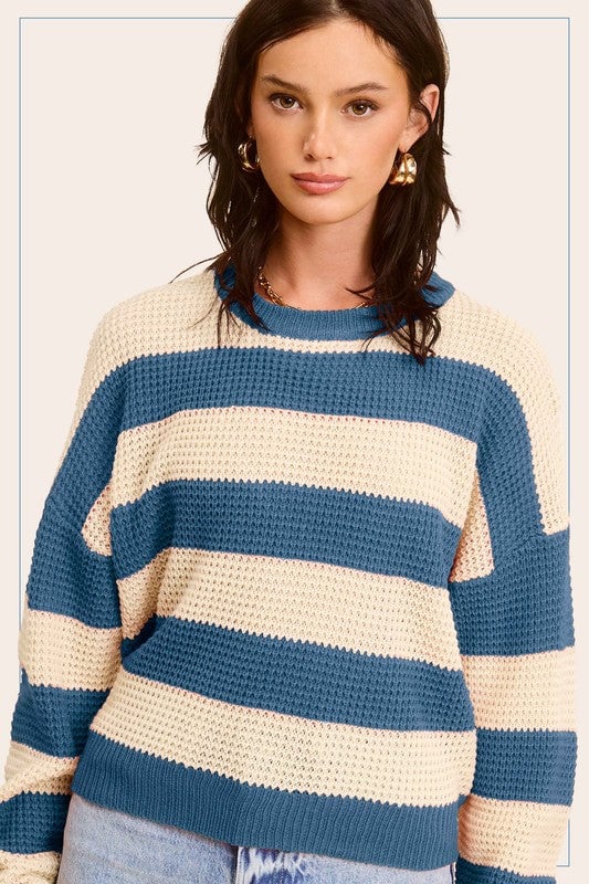 Striped Round Neck Loose Fit Sweater Image 3