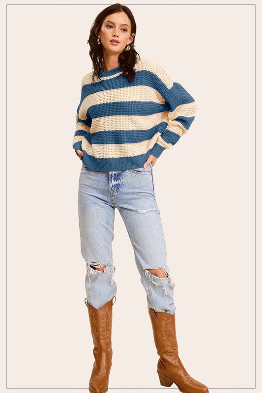 Striped Round Neck Loose Fit Sweater Image 4