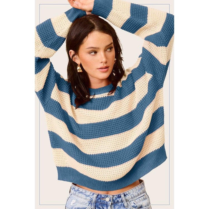 Striped Round Neck Loose Fit Sweater Image 6